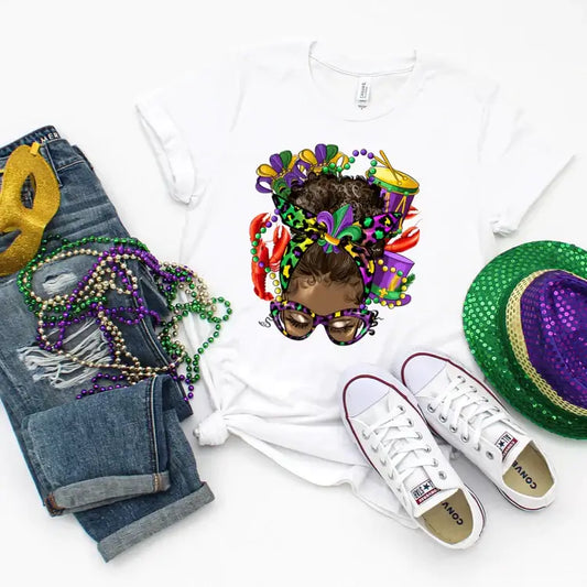 Mardi Gras Messy Bun Graphic Tshirt, Brand63