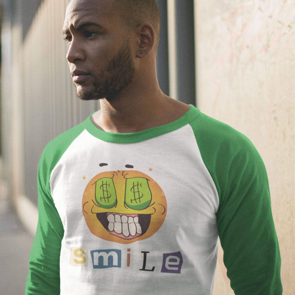 Money Smiling Emoji 3/4 sleeve baseball t-shirt. Casual, Simple, Comfy, Brand63