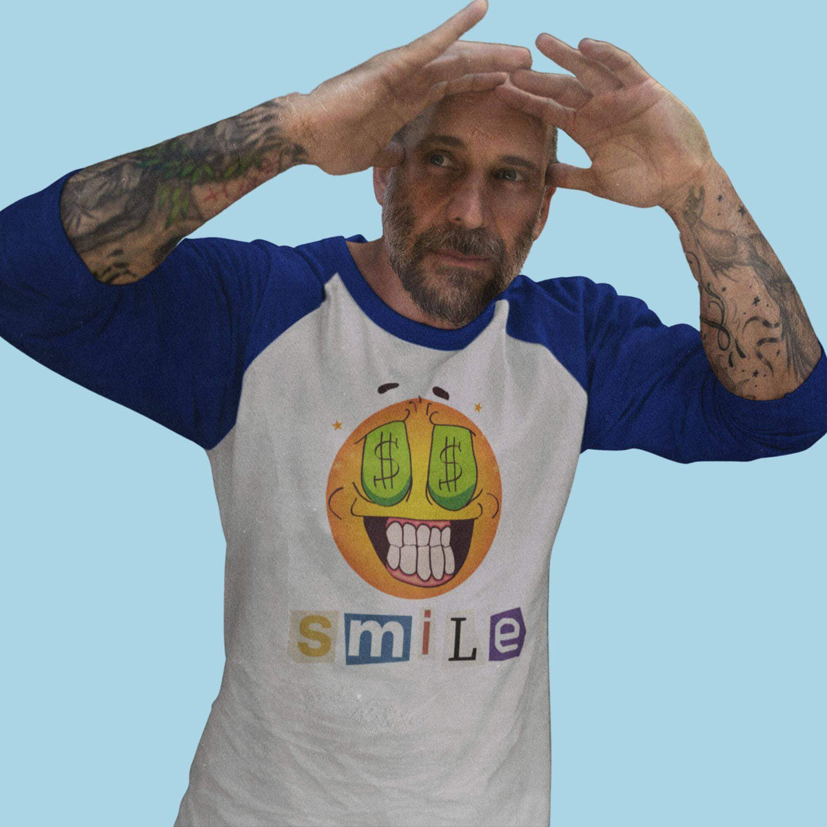 Money Smiling Emoji 3/4 sleeve baseball t-shirt. Casual, Simple, Comfy, Brand63