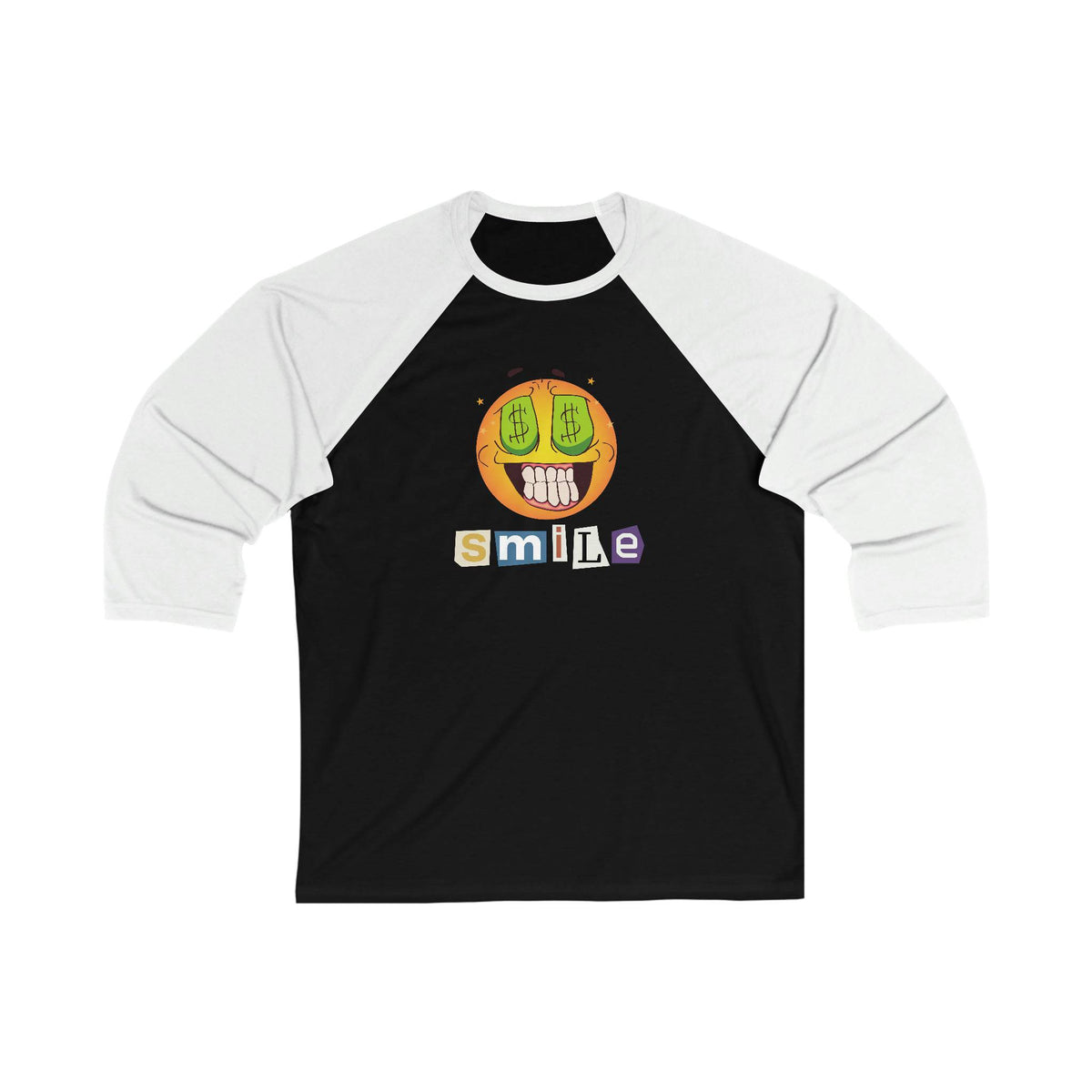 Money Smiling Emoji 3/4 sleeve baseball t-shirt. Casual, Simple, Comfy, Brand63