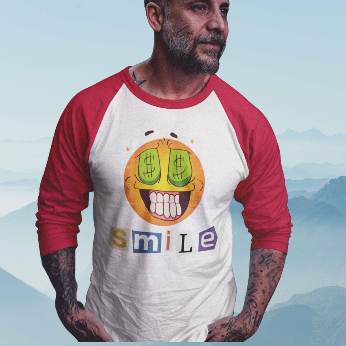 Money Smiling Emoji 3/4 sleeve baseball t-shirt. Casual, Simple, Comfy, Brand63