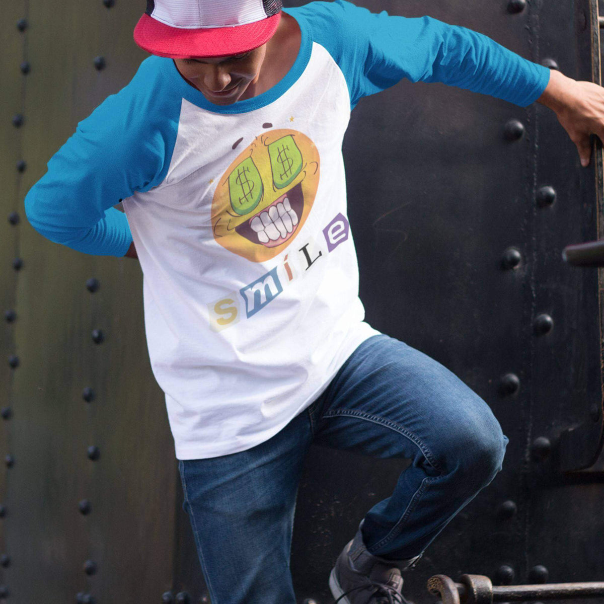 Money Smiling Emoji 3/4 sleeve baseball t-shirt. Casual, Simple, Comfy, Brand63