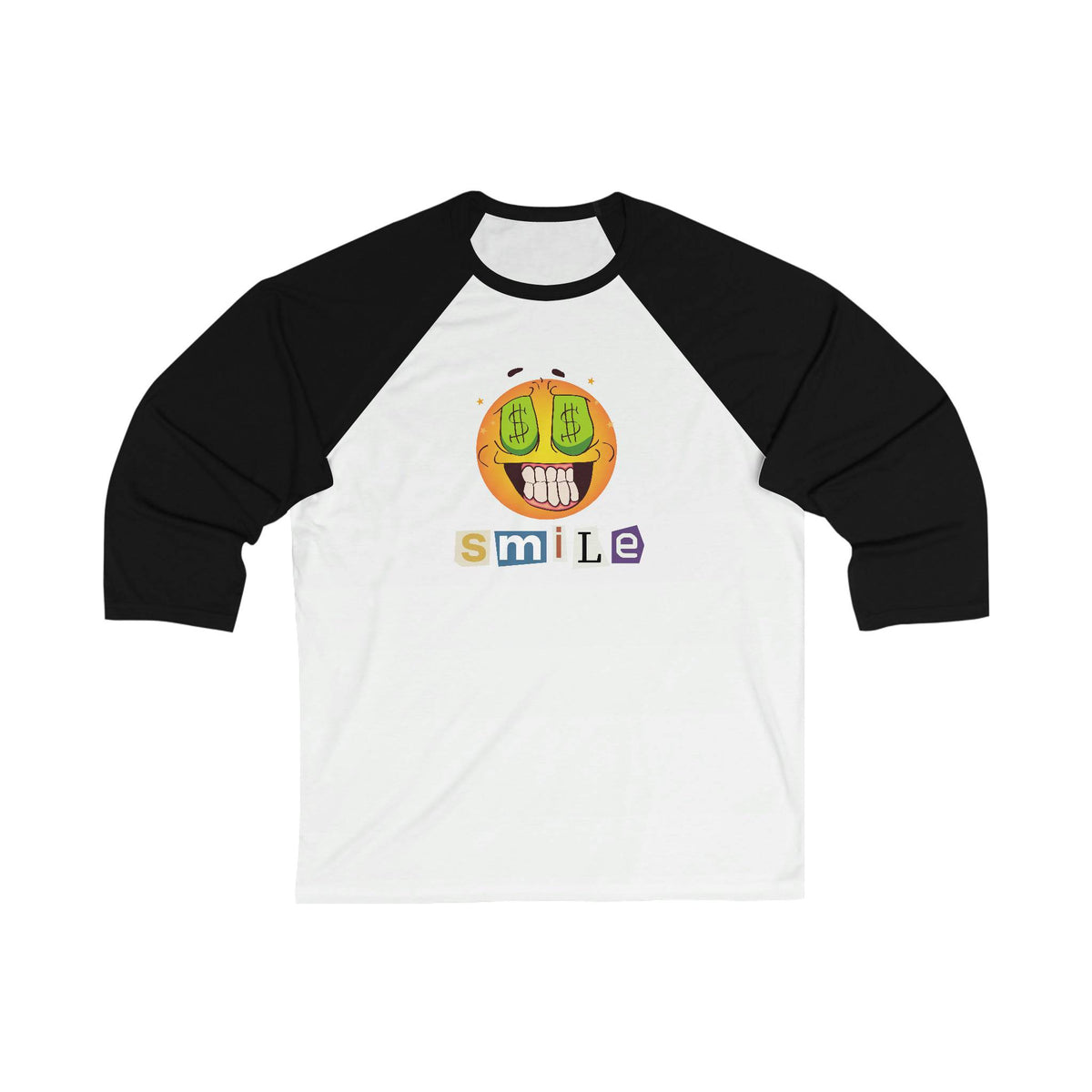 Money Smiling Emoji 3/4 sleeve baseball t-shirt. Casual, Simple, Comfy, Brand63