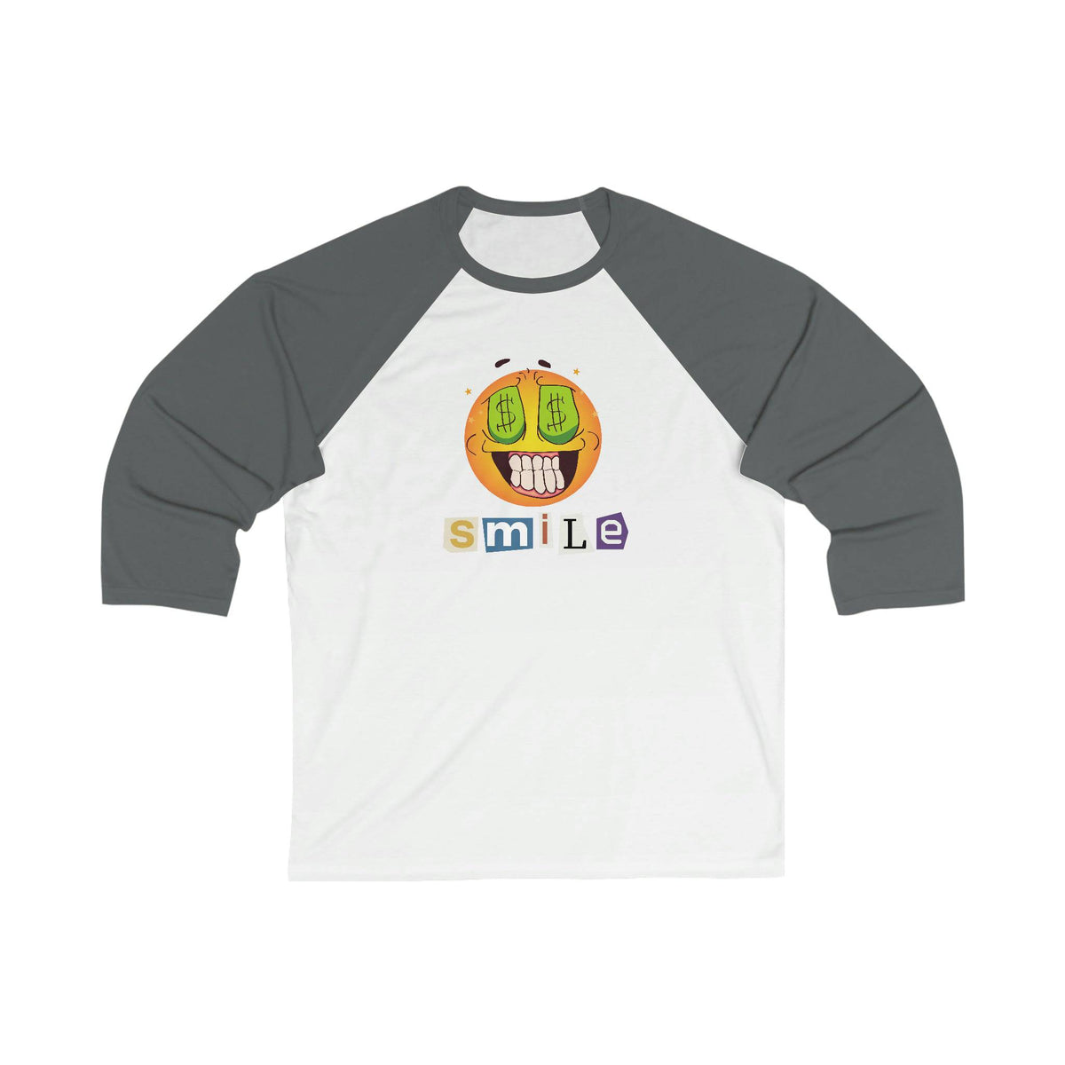Money Smiling Emoji 3/4 sleeve baseball t-shirt. Casual, Simple, Comfy, Brand63