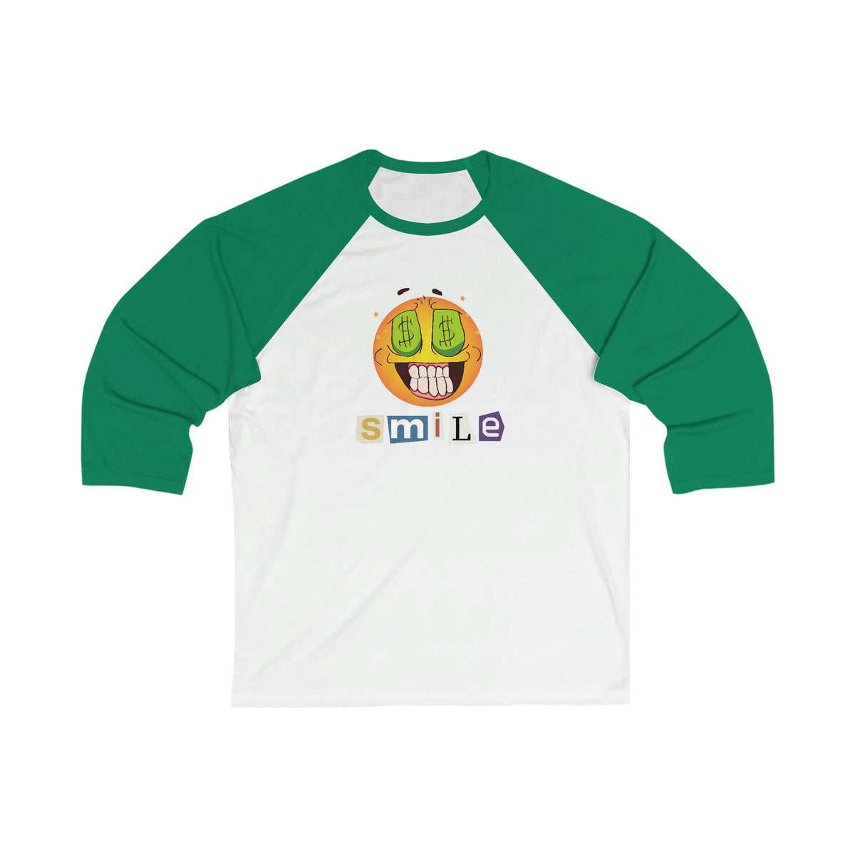 Money Smiling Emoji 3/4 sleeve baseball t-shirt. Casual, Simple, Comfy, Brand63