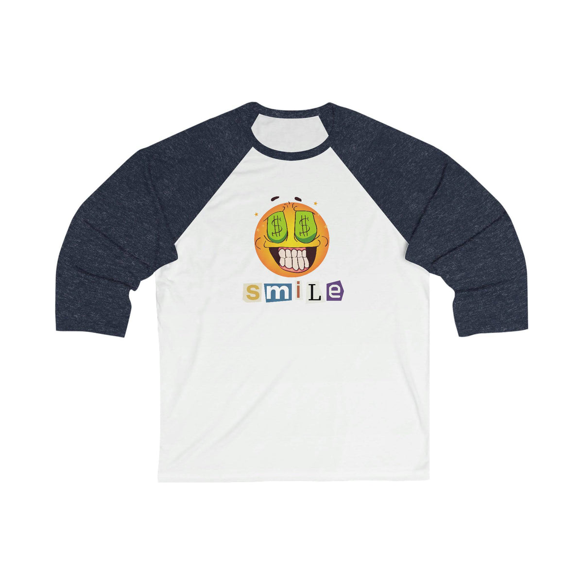 Money Smiling Emoji 3/4 sleeve baseball t-shirt. Casual, Simple, Comfy, Brand63