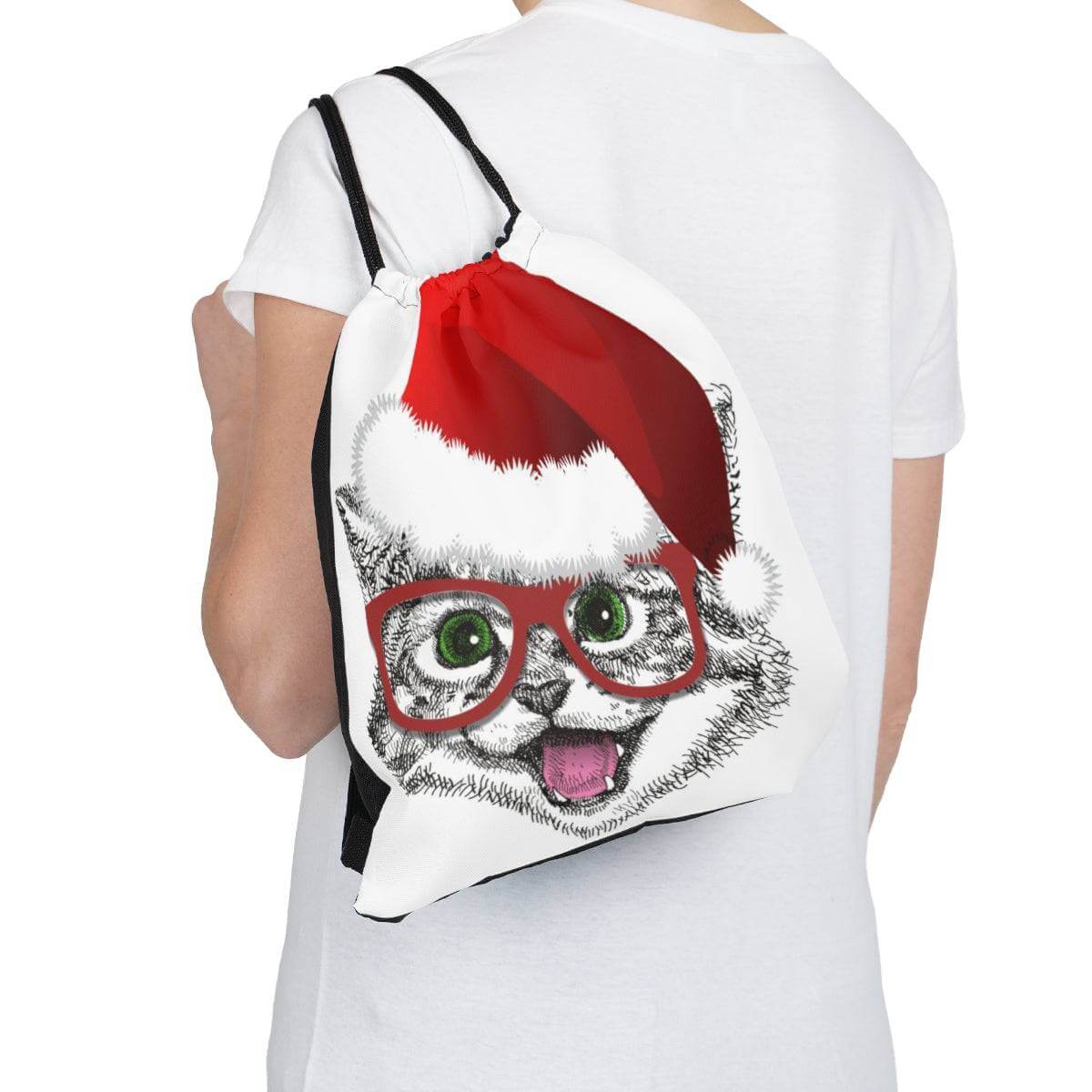 Santa Cat Xmas Drawstring Bag, Spacious Bag, Practical Backpack, Soft Sturdy Drawstring Backpack, Fun Gift for Birthday Holidays, Brand63